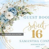 Opulent Dusty Blue Gold Sweet 16th Guest Book Gastenboek