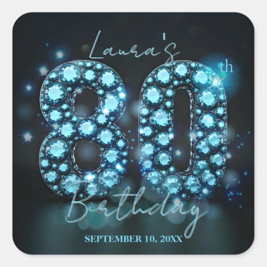 Opulent Elegant Teal Blue Diamonds 80th Birthday Vierkante Sticker (Voorkant)