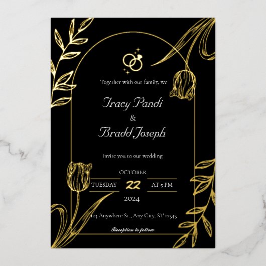 Opulent Elegantie: Zwart en Gouden Huwelijk Folie Uitnodiging (Voorkant)