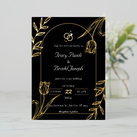 Opulent Elegantie: Zwart en Gouden Huwelijk Folie Uitnodiging (Staand Voorkant)