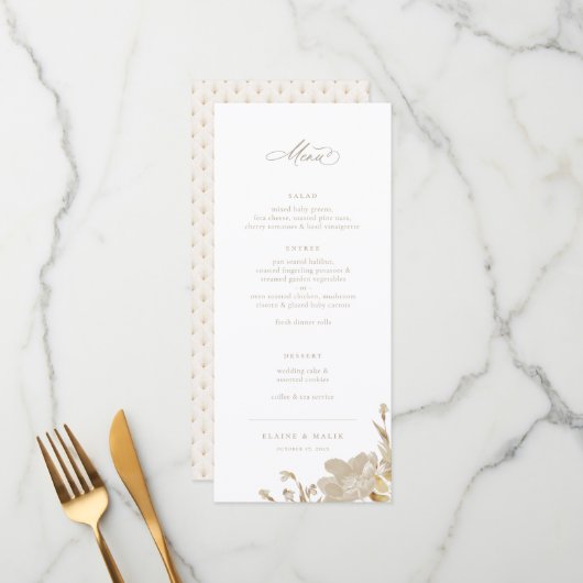 Opulent Gilded Garden Wedding Menu (Voorkant / Achterkant in situ)