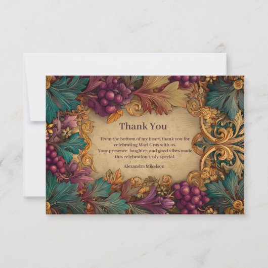 Opulent Grape Leaf Mardi Gras Masquerade Bedankkaart (Voorkant)