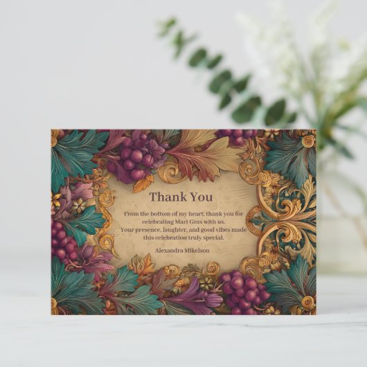 Opulent Grape Leaf Mardi Gras Masquerade Bedankkaart (Staand voorkant)