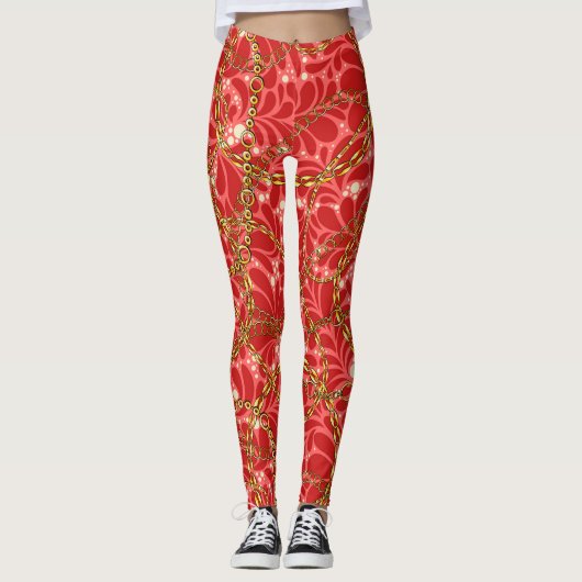 Opulent Rode Leggings met Golden Chains (Voorkant)