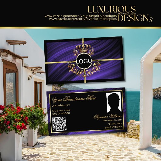 Opulent Royal Blue Gold Crown Logo Foto QR-code Visitekaartje
