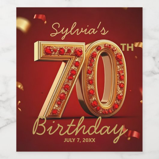Opulent Ruby Red Gold Glitter 70th Birthday Wijn Etiket (Enkel label)