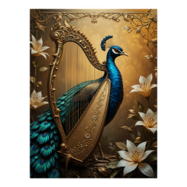 Opulent Serenade: Peacock Harpist Perfect Poster