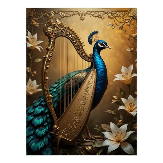 Opulent Serenade: Peacock Harpist Perfect Poster (Voorkant)