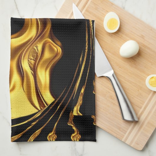 Opulent Swirl Liquid Gold Black Monochrome Design Theedoek (Quarter Fold)