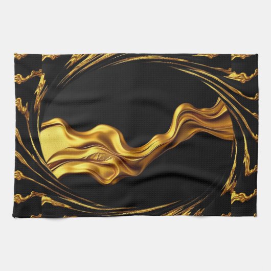 Opulent Swirl Liquid Gold Black Monochrome Design Theedoek (Horizontaal)