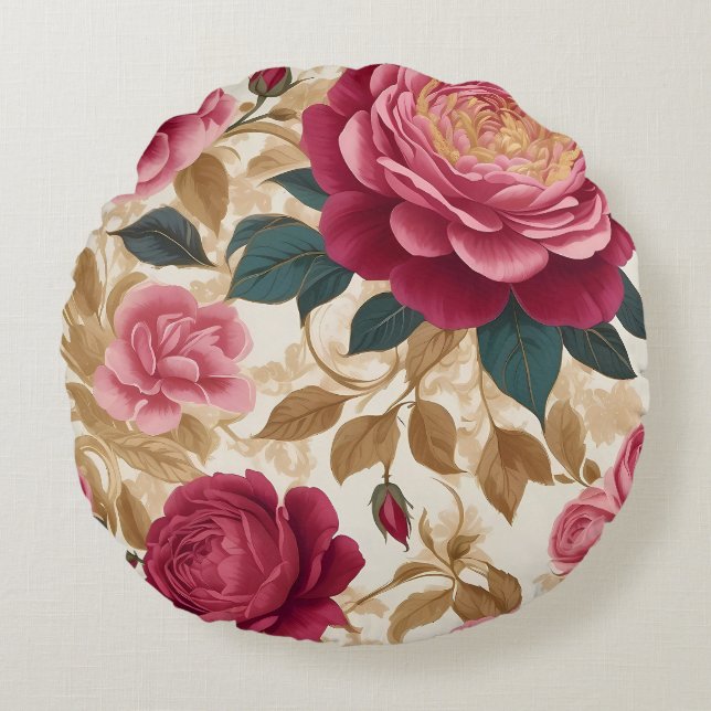 Opulent Tuin Rozen Rond Kussen (Voorkant)