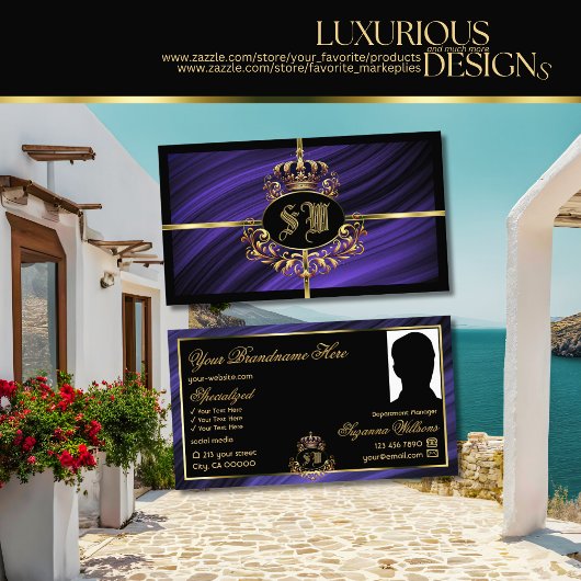 Opulente Royal Blue Gold Crown met Monogram Foto Visitekaartje