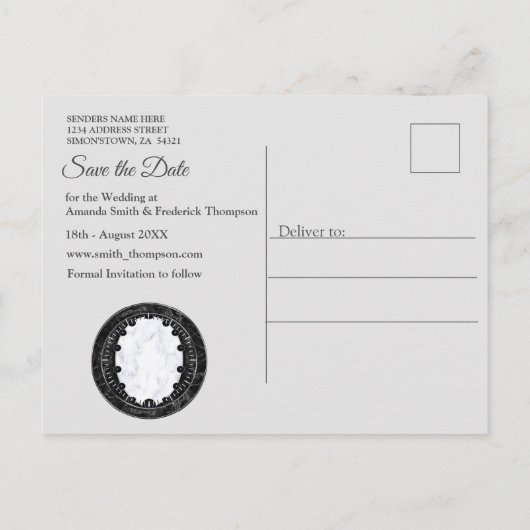 Opulente witte en zwarte marmer + bollen aankondigingskaart (Achterkant)