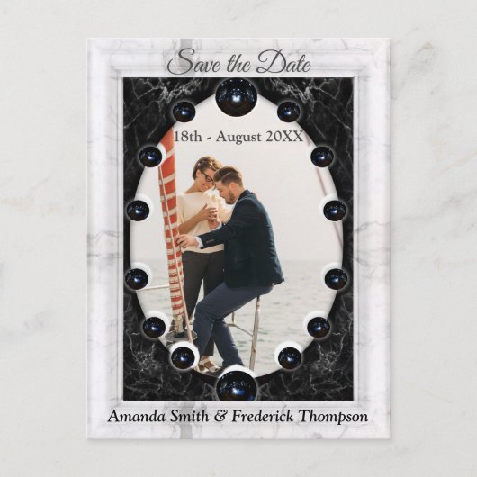 Opulente witte en zwarte marmer + bollen aankondigingskaart (Voorkant)