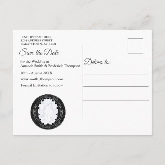 Opulente witte en zwarte marmer + bollen aankondigingskaart (Achterkant)