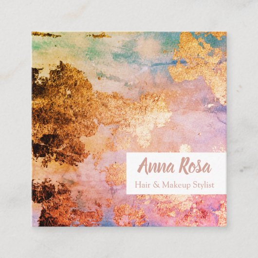 * Opvallend Abstracte Waterverf Gold Blue Roze Vierkante Visitekaartje (Voorkant)