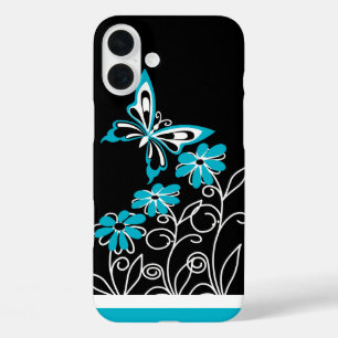 Opvallend Aqua Blue Butterfly en Flowers iPhone 16 Plus Hoesje