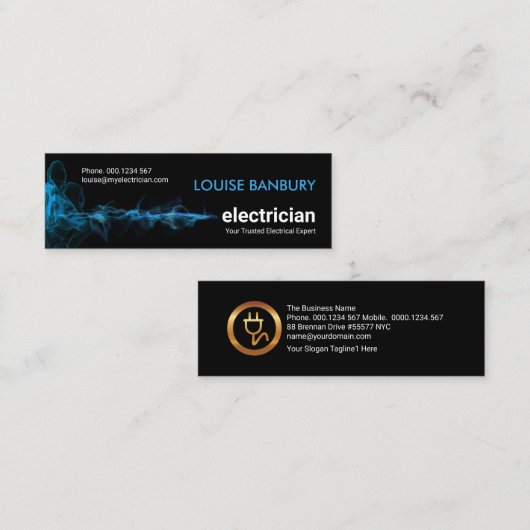 Opvallend blauw elektrisch lichtgolvende elektrici mini visitekaartje (Voorkant / Achterkant)