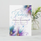 Opvallend Blauwgroen Amethyst Abstracte Floral Bir Kaart (Staand voorkant)