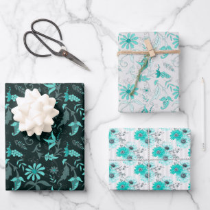 Opvallend Blauwgroen Blauw Grijze Floral - Set van Inpakpapier Vel