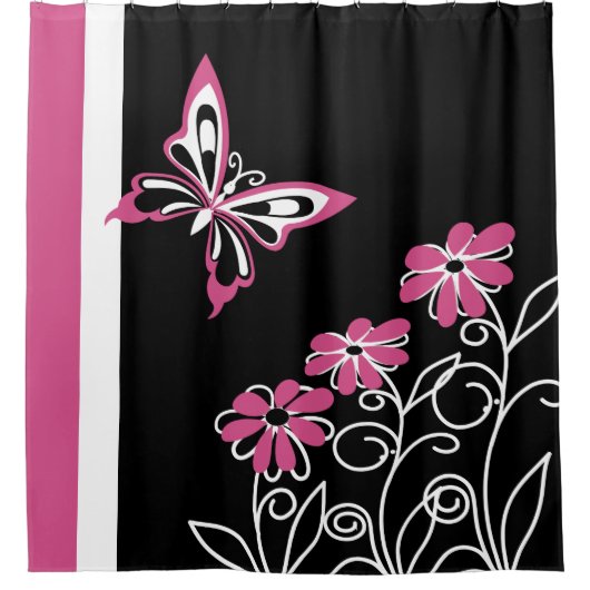 Opvallend: bleekroze vlinder en bloemen douchegordijn (Voorkant)