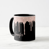 Opvallend Blush roze glitter op zwart monogrammen Mok (Voorkant links)