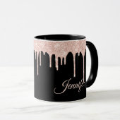 Opvallend Blush roze glitter op zwart monogrammen Mok (Voorkant rechts)