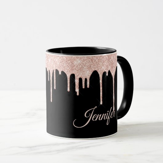 Opvallend Blush roze glitter op zwart monogrammen Mok (Voorkant rechts)