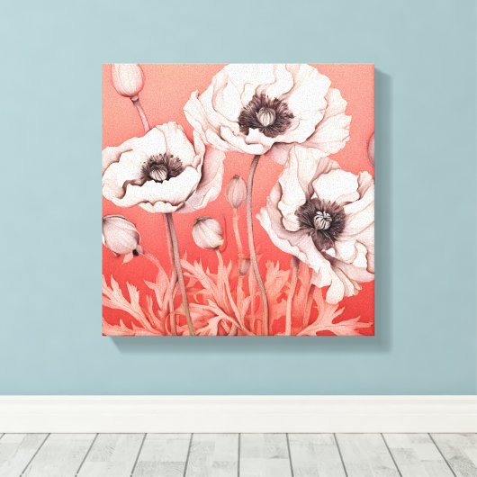 Opvallend contrast: witte klaprozen op rood canvas afdruk (Insitu (Houten vloer))