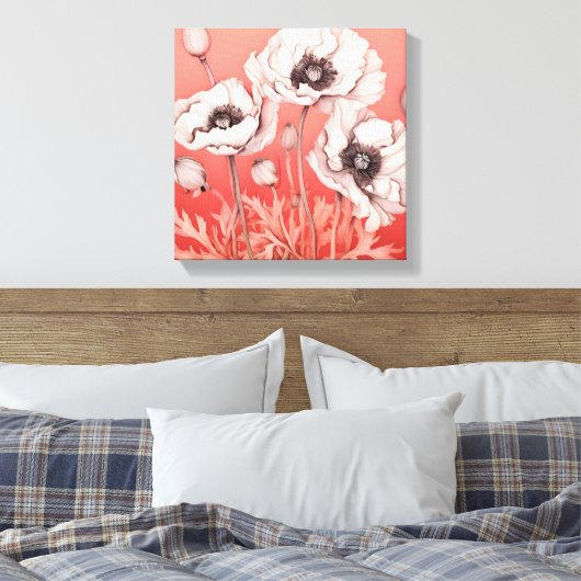 Opvallend contrast: witte klaprozen op rood canvas afdruk (Insitu (Slaapkamer))