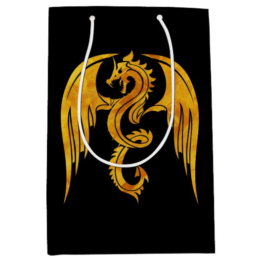 Opvallend goud en zwarte mythische draak medium cadeauzakje (Voorkant)
