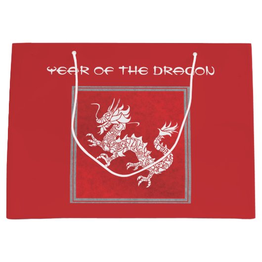Opvallend rood en wit jaar van de draak groot cadeauzakje (Voorkant)