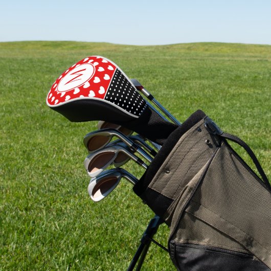 Opvallend rood, zwart en wit aangepast monogram golfheadcover (Insitu)