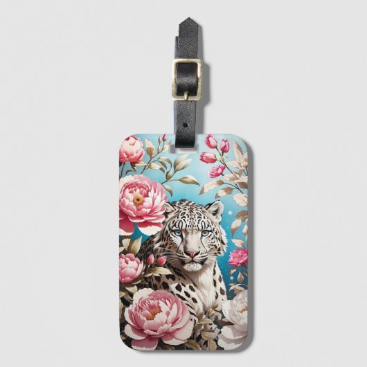 Opvallend sneeuw luipaard blik en roze pioenen bagagelabel (Voorkant (verticaal))