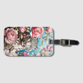 Opvallend sneeuw luipaard blik en roze pioenen bagagelabel (Voorkant (horizontaal))