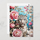 Opvallend sneeuw luipaard blik en roze pioenen briefkaart (Voorkant / Achterkant)