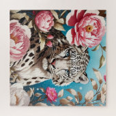 Opvallend sneeuw luipaard blik en roze pioenen legpuzzel (Horizontaal)