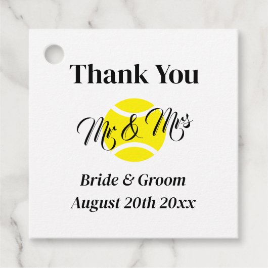 Opvallend tennisthema gepersonaliseerde bruiloft bedankjes labels (Voorkant)