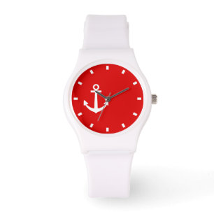 Opvallend wit en rood horloge met een anker symboo