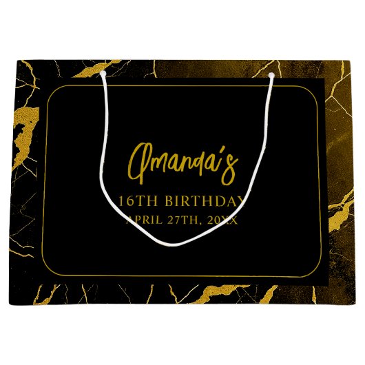 Opvallend Zwart & Goud Marmer Sweet 16 Verjaardag Groot Cadeauzakje (Voorkant)