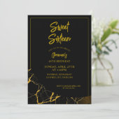 Opvallend Zwart & Goud Marmer Sweet 16 Verjaardag Kaart (Staand voorkant)