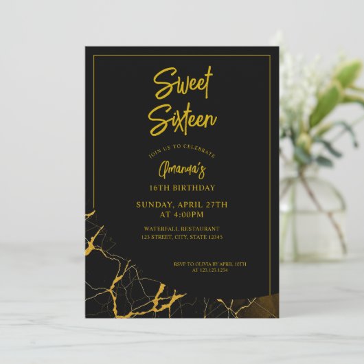 Opvallend Zwart & Goud Marmer Sweet 16 Verjaardag Kaart (Staand voorkant)
