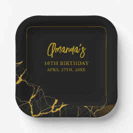 Opvallend Zwart & Goud Marmer Sweet 16 Verjaardag Papieren Bordje