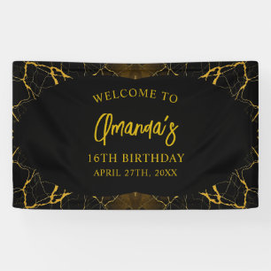 Opvallend Zwart & Goud Marmer Sweet 16 Verjaardag Spandoek
