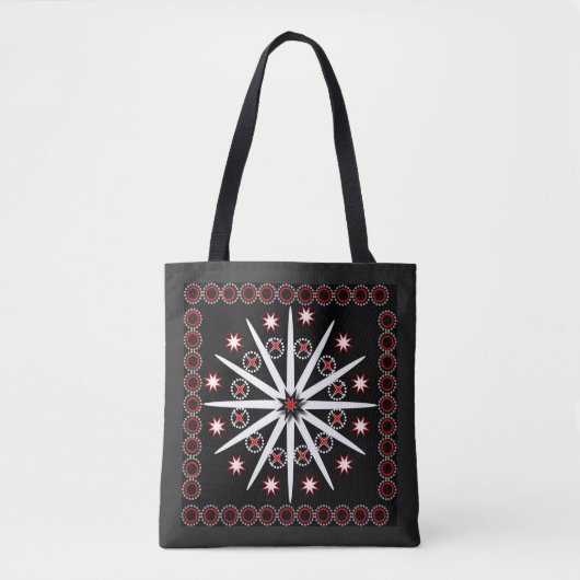 Opvallend zwart rood grijs en wit gepatterd tote bag (Voorkant)