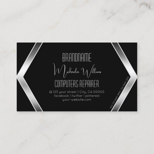 Opvallend zwarte geometrische moderne zilverkleuri visitekaartje (Achterkant)