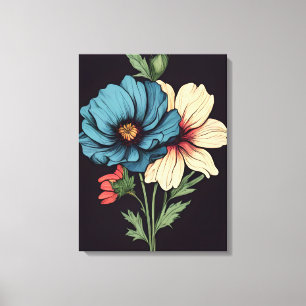 Opvallende blauwe en witte bloemige kunst canvas afdruk