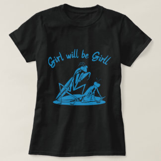 Opvallende Blue Mantis met een andere Cartoon T-shirt