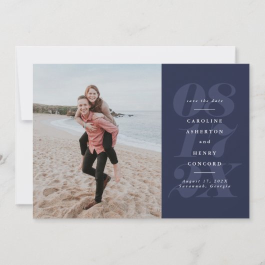 Opvallende datum marineblauwe foto save the date (Voorkant)