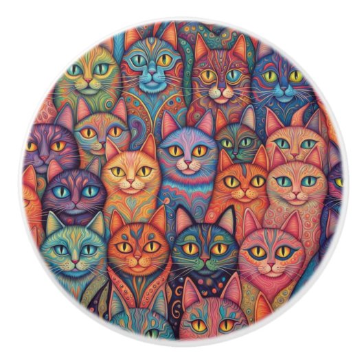 Opvallende en kleurrijke psychedelische katten keramische knop (Voorkant)